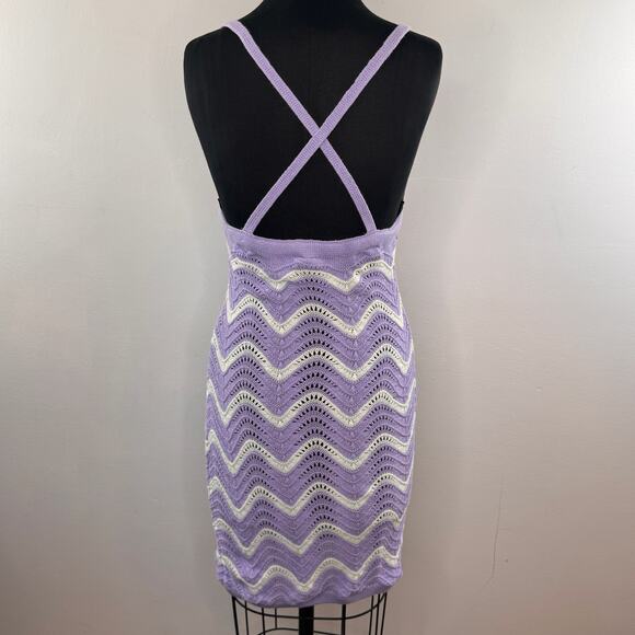 H&M Purple White Bodycon Dress Crochet Fine-Knit V-Neck Cross Back Strap Large L - Picture 4 of 7